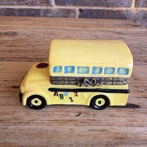 Vintage School Bus Porcelain Hinged Trinket Box Yellow Black by Herco